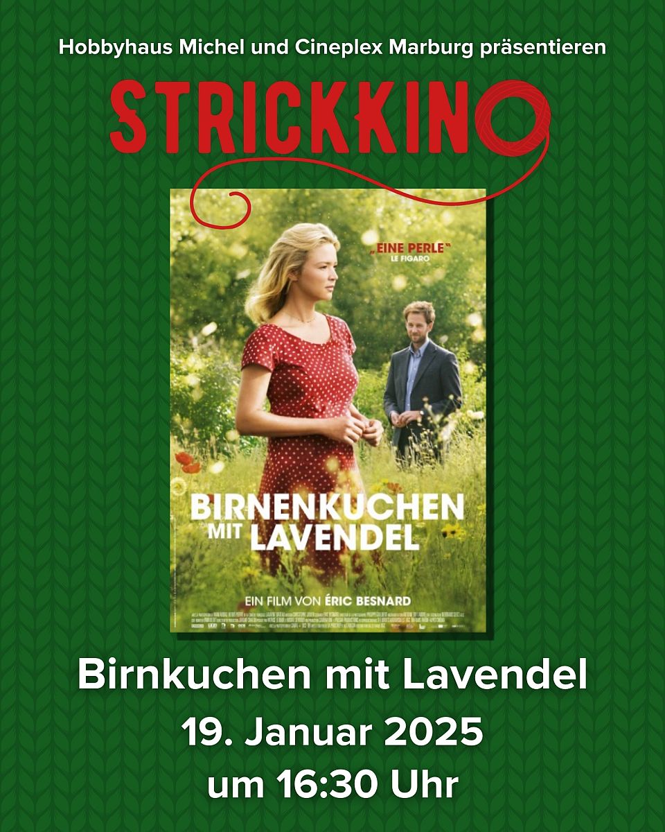 Einladung zum Strickkino am 19. Januar 2025, Filmplakat "Birnenkuchen mit Lavendel"