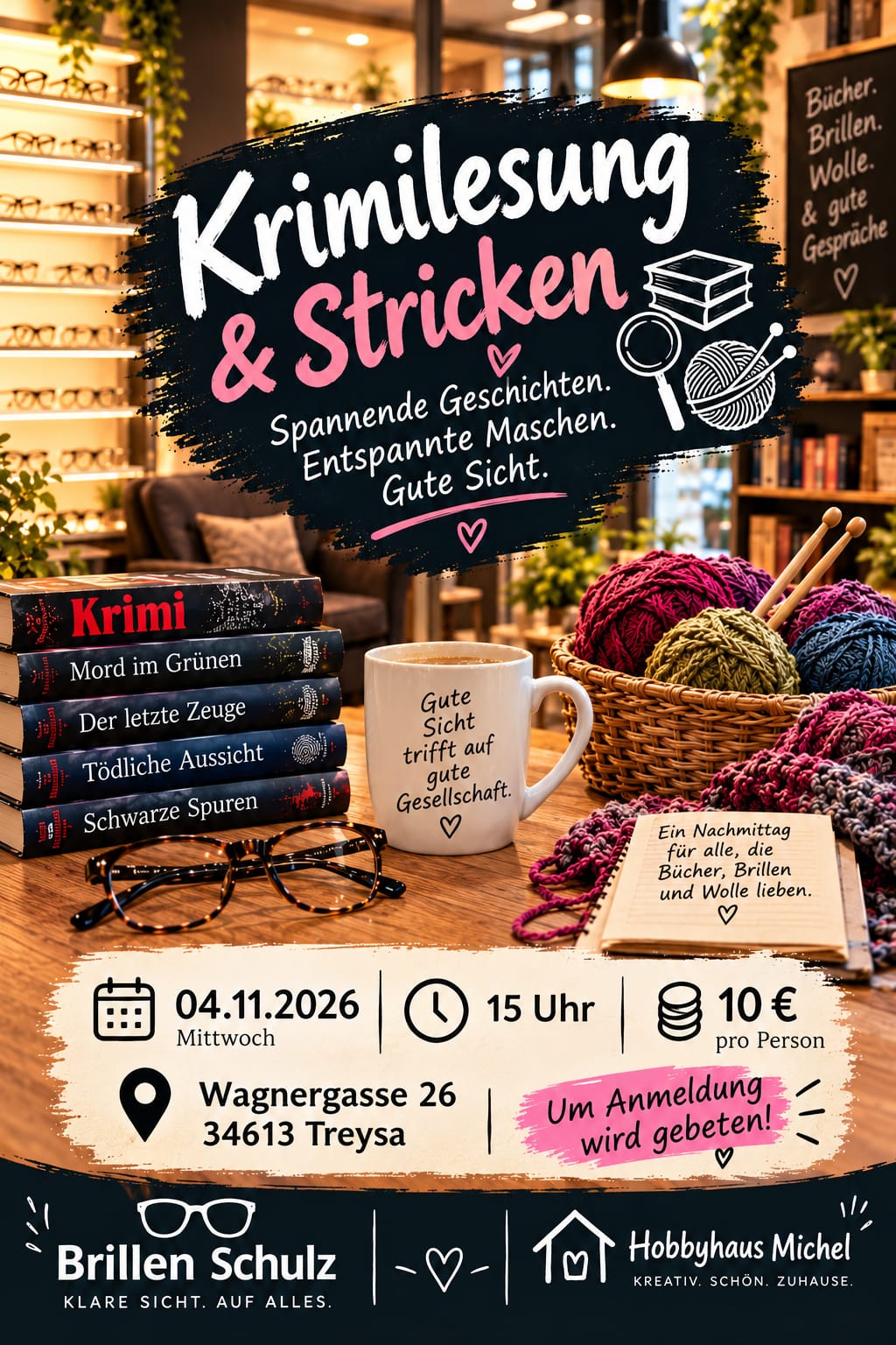 Einladung zum Stricken, mit Krimilesung im Brillengeschäft
